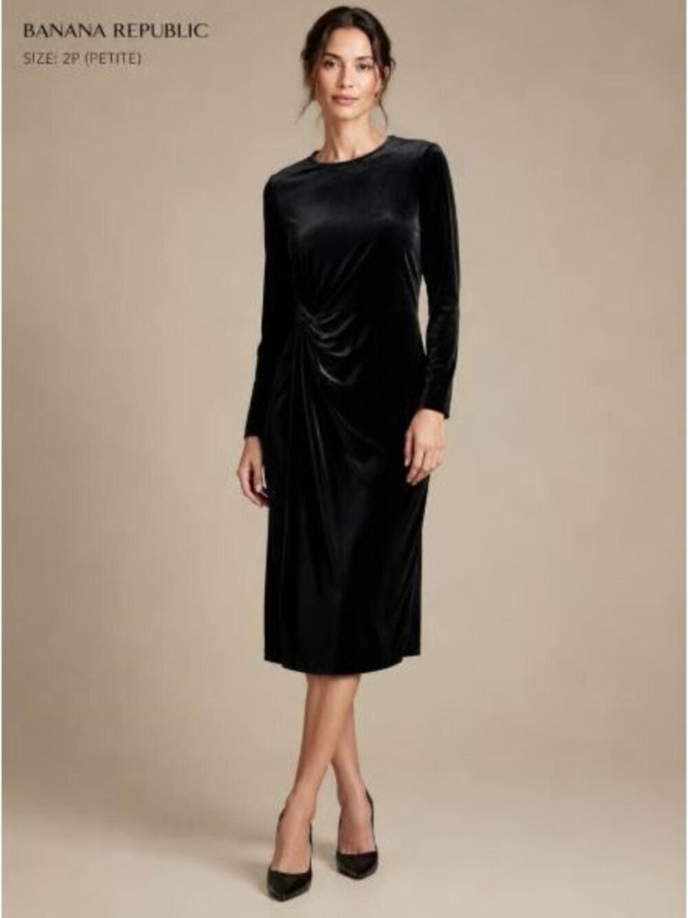 Banana Republic Velvet Dress Size 2 Petite Black Knot Long Sleeves